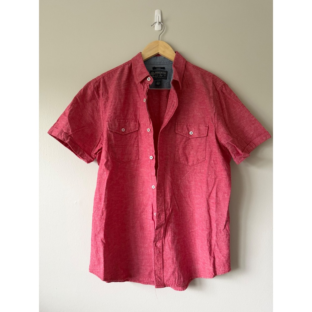 American Rag Mens Large Red Cotton Linen Short Sleeve Button Down Pocket Shirt